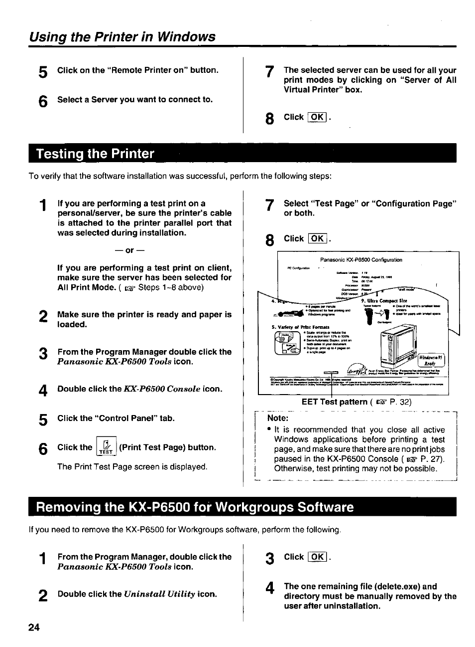 Testing the printer, Removing the kx-p6500 for workgroups software, Using the printer in windows | Panasonic kx-p6500 tools, Kx-p6500 console, Panasonic kk-p6500 tools, Uninstall utility | Panasonic KX-P6500 User Manual | Page 24 / 68