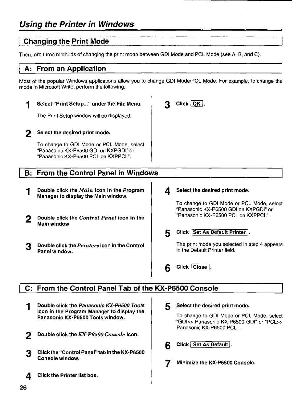 Changing the print mode, A: from an application, B: from the control panel in windows | From an application, From the control panel in windows, From the control panel tab of the kx-p6500 console, Using the printer in windows, Main, Control panel, Panasonic kx-p6500 tools | Panasonic KX-P6500 User Manual | Page 26 / 68