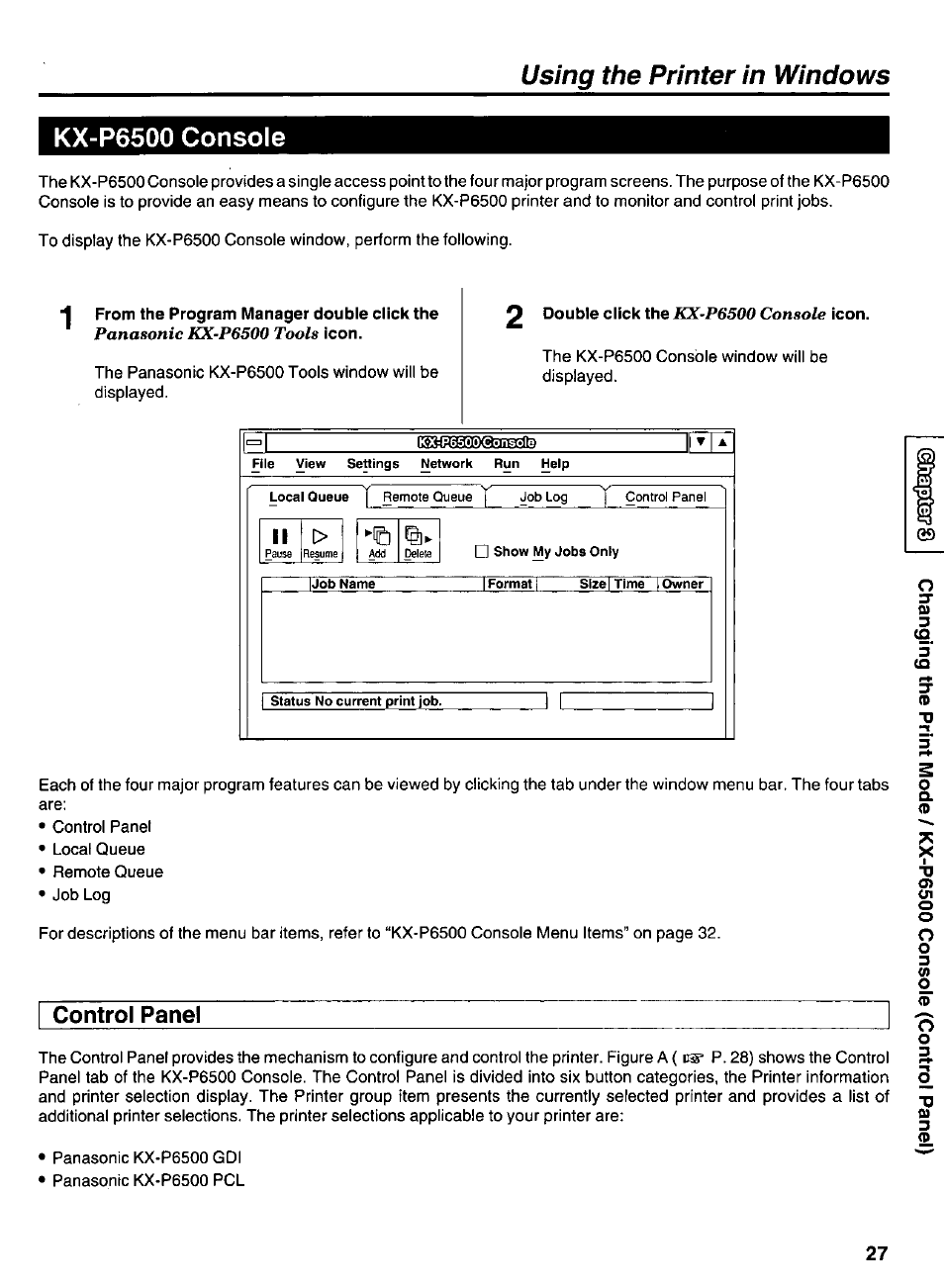 Kx-p6500 console, Using the printer in windows kx-p6500 console, Control panel | Panasonic kx-p6500 tools, Ii > -e | Panasonic KX-P6500 User Manual | Page 27 / 68