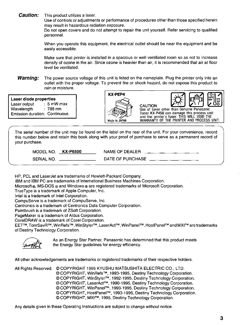 Kx-p6500 | Panasonic KX-P6500 User Manual | Page 3 / 68