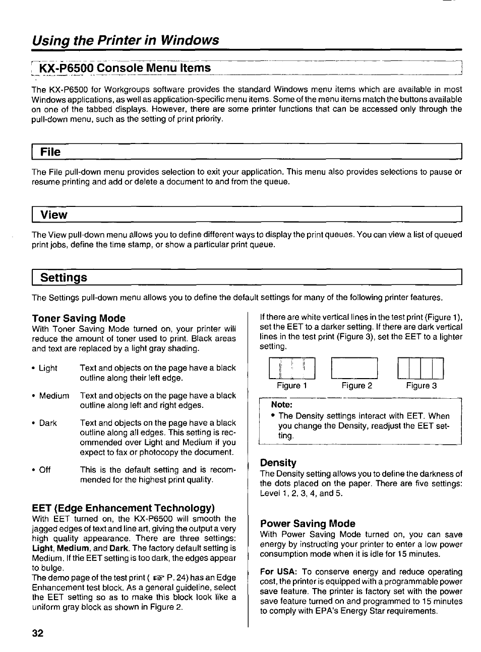 Kx-p6500 console menu items, File, View | Settings, Toner saving mode, Eet (edge enhancement technology), Note, Density, Power saving mode, Using the printer in windows | Panasonic KX-P6500 User Manual | Page 32 / 68