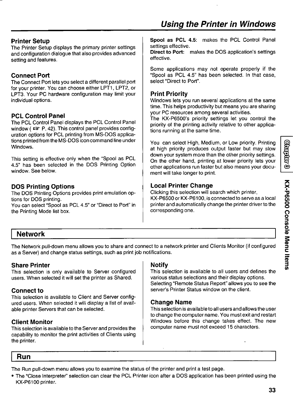 Printer setup, Connect port, Pcl control panel | Dos printing options, Print priority, Local printer change, Share printer, Connect to, Client monitor, Notify | Panasonic KX-P6500 User Manual | Page 33 / 68