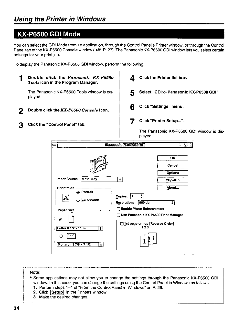 Kx-p6500 gdi mode, 2 double click the kx-p6500 console icon, Click the “control panel” tab | 0 click “settings” menu, Y click “printer setup, Note, Using the printer in windows kx-p6500 gdi mode, Panasonic kx-p6500 tools, Kx-p6500 console | Panasonic KX-P6500 User Manual | Page 34 / 68