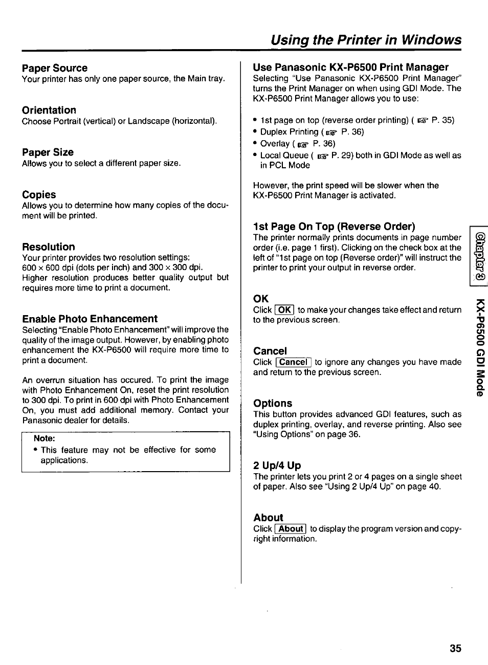 Paper source, Orientation, Paper size | Copies, Resolution, Enable photo enhancement, Use panasonic kx-p6500 print manager, Cancel, Options, 2 up/4 up | Panasonic KX-P6500 User Manual | Page 35 / 68