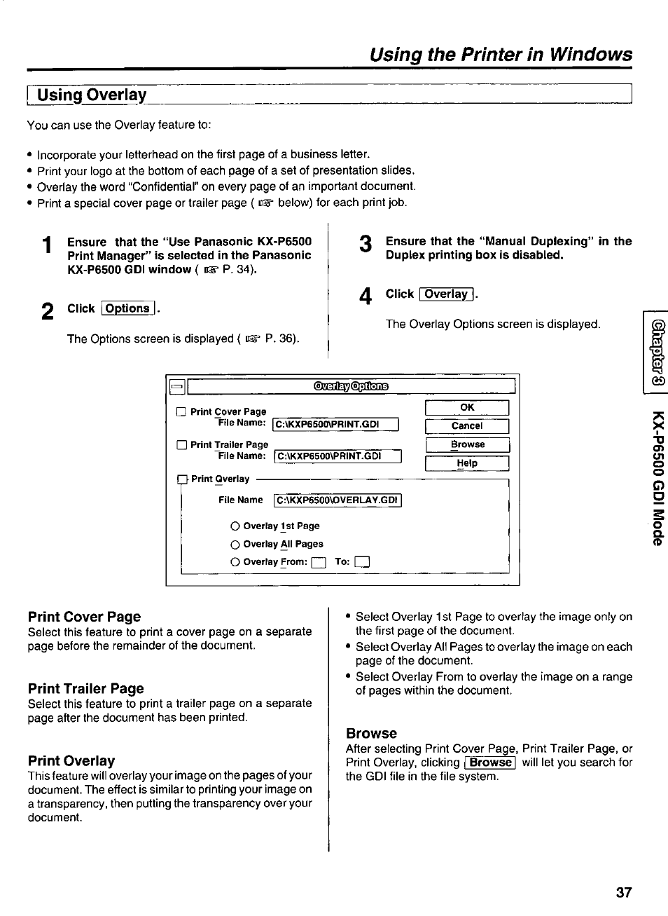 I using overlay, 2 ciick options, Click i overlay | Print overlay, Browse, Using overlay, Using the printer in windows | Panasonic KX-P6500 User Manual | Page 37 / 68