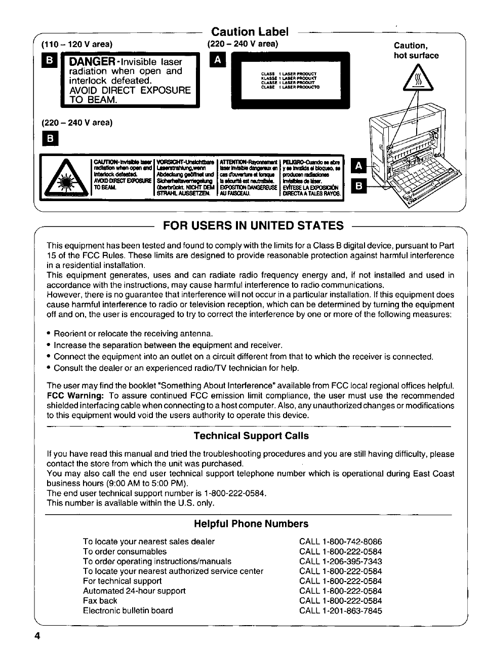 For users in united states, Technical support calls, Helpful phone numbers | Caution label, Danger | Panasonic KX-P6500 User Manual | Page 4 / 68