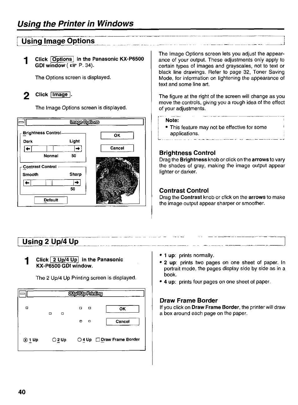 Fusing image options, 2 click [ image, Note | Brightness control, Contrast control, Using 2 up/4 up, Draw frame border, Using image options using 2 up/4 up, Using the printer in windows fusing image options | Panasonic KX-P6500 User Manual | Page 40 / 68