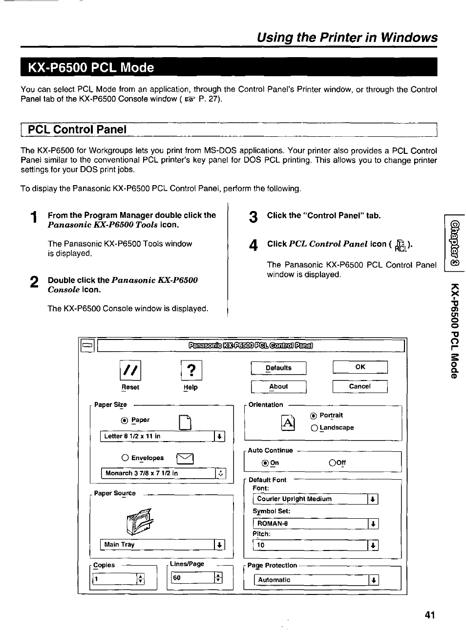 Kx-p6500 pcl mode, Pcl control panel, 2 click the “control panel” tab | Using the printer in windows kx-p6500 pcl mode, Panasonic kx-p6500 tools, Panasonic kx-p6500 console | Panasonic KX-P6500 User Manual | Page 41 / 68