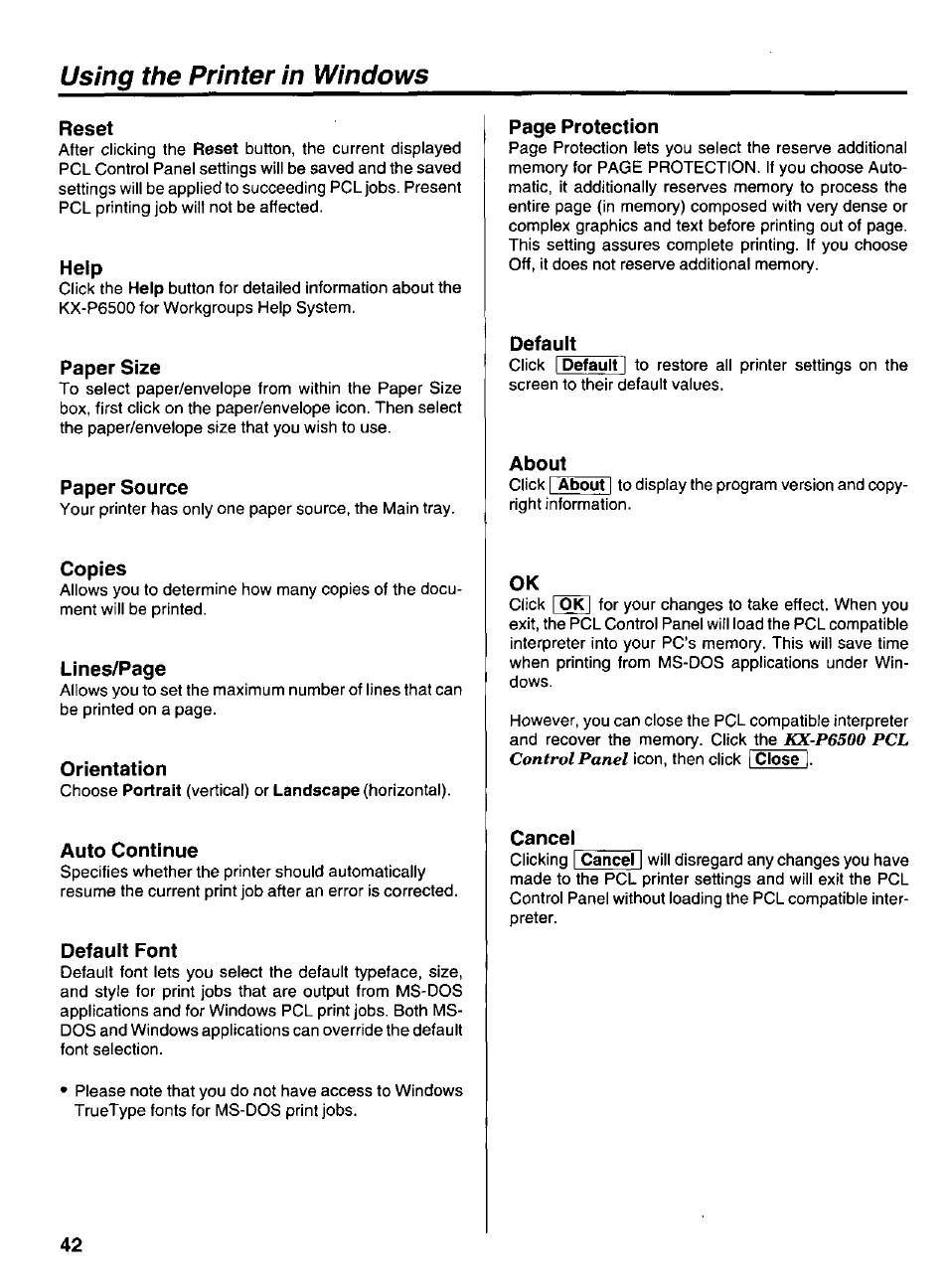 Reset, Help, Paper size | Paper source, Copies, Orientation, Auto continue, Default font, Using the printer in windows | Panasonic KX-P6500 User Manual | Page 42 / 68