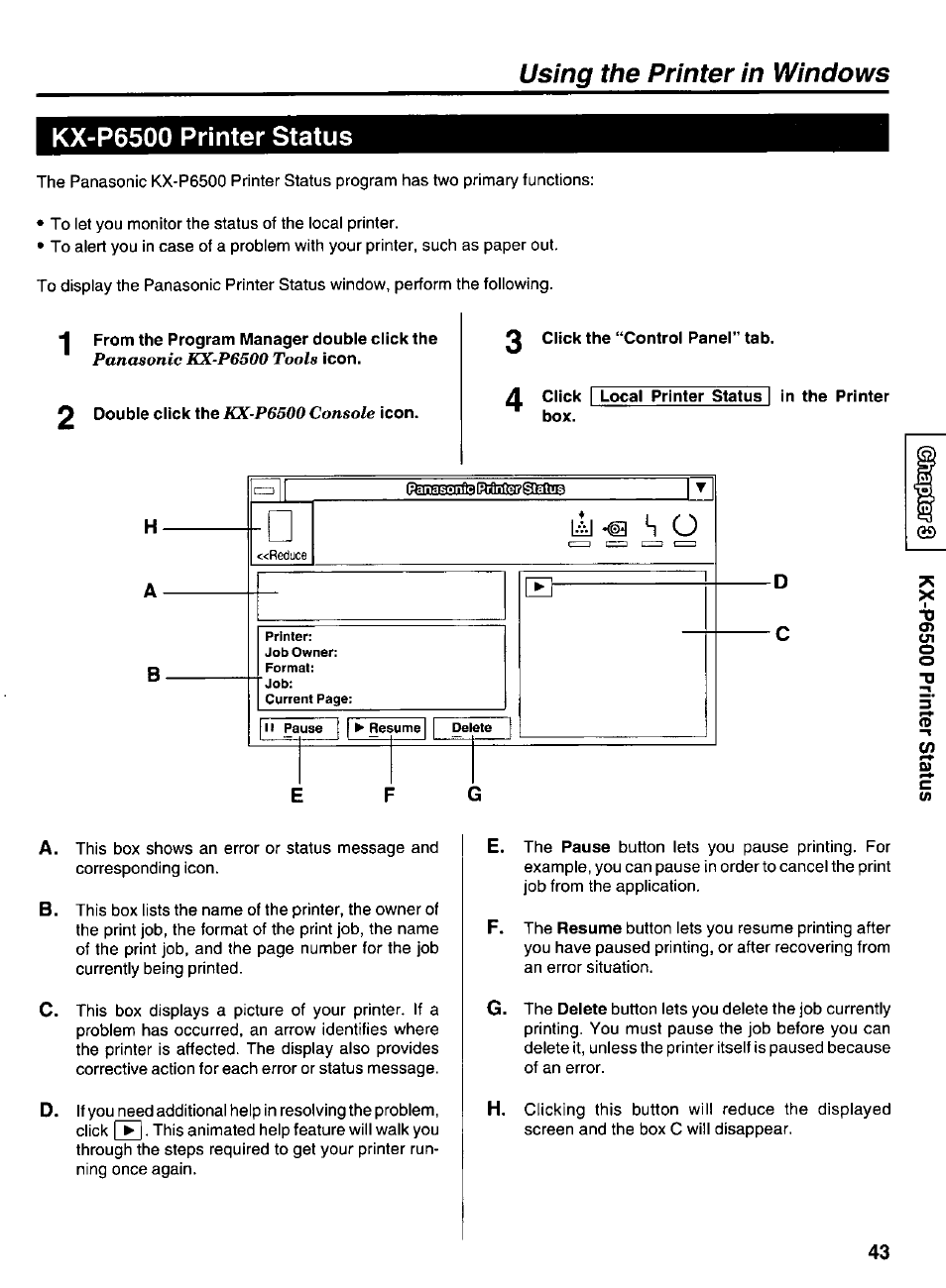 Kx-p6500 printer status, A click local printer status | in the printer box, Panasonic kx-p6500 tools | Kx-p6500 console | Panasonic KX-P6500 User Manual | Page 43 / 68