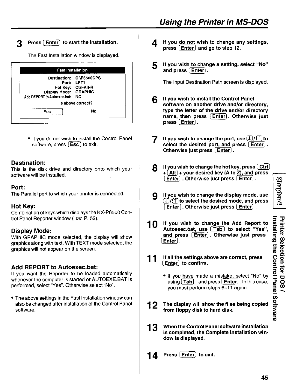 Destination, Port, Hot key | Display mode, Add report to autoexec.bat, Using the printer in ms-dos | Panasonic KX-P6500 User Manual | Page 45 / 68