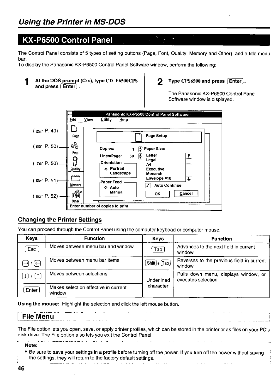 Kx-p6500 control panel, 2 type cps6500 and press (enter, File menu | Note, Using the printer in ms-dos kx-p6500 control panel | Panasonic KX-P6500 User Manual | Page 46 / 68