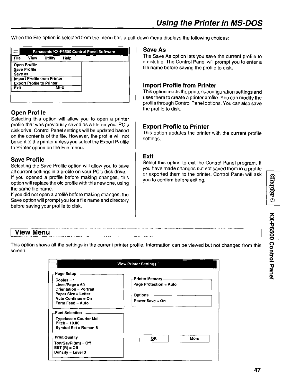 Open profile, Save profile, View menu | Save as, Import profile from printer, Export profile to printer, Exit, Using the printer in ms-dos | Panasonic KX-P6500 User Manual | Page 47 / 68