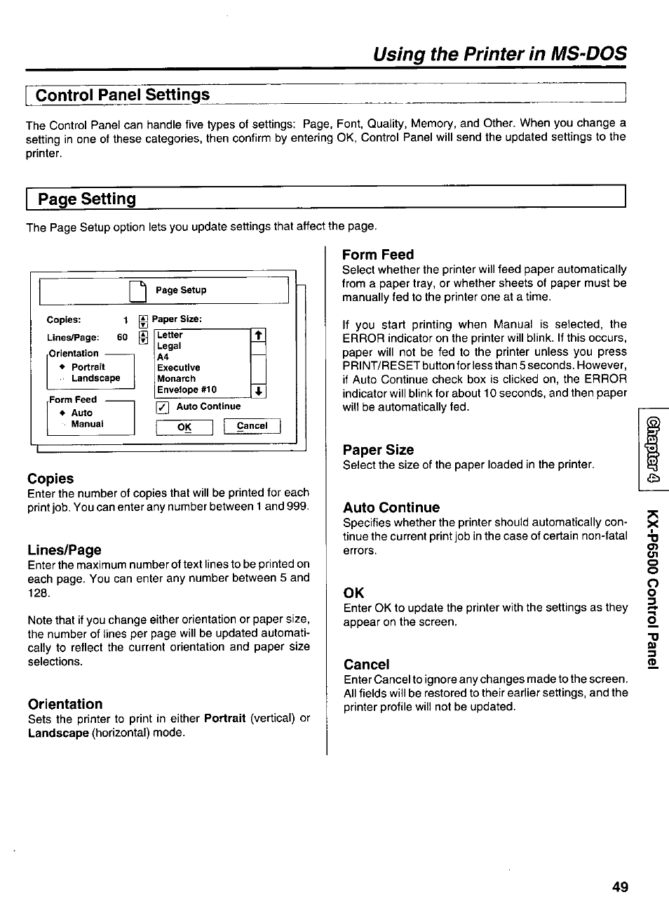 Control panel settings, Copies, Orientation | Form feed, Paper size, Auto continue, Cancel, Using the printer in ms-dos control panel settings, Page setting | Panasonic KX-P6500 User Manual | Page 49 / 68