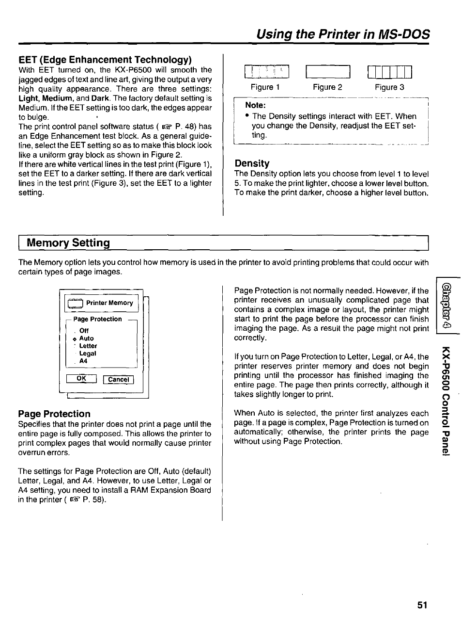Eet (edge enhancement technology), Note, Density | Memory setting, Using the printer in ms-dos, Page protection | Panasonic KX-P6500 User Manual | Page 51 / 68