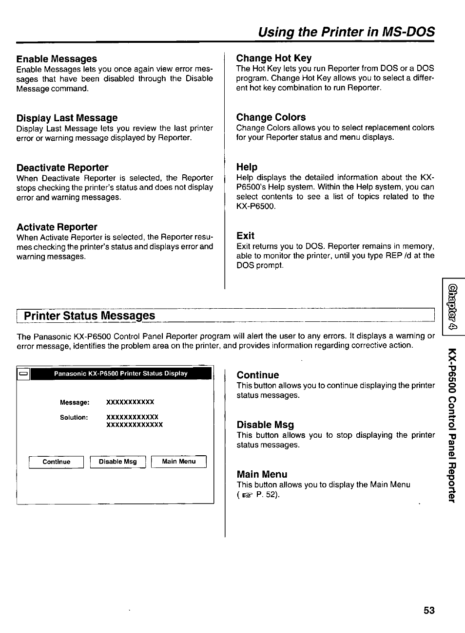 Continue, Disable msg, Main menu | Using the printer in ms-dos, Printer status messages | Panasonic KX-P6500 User Manual | Page 53 / 68