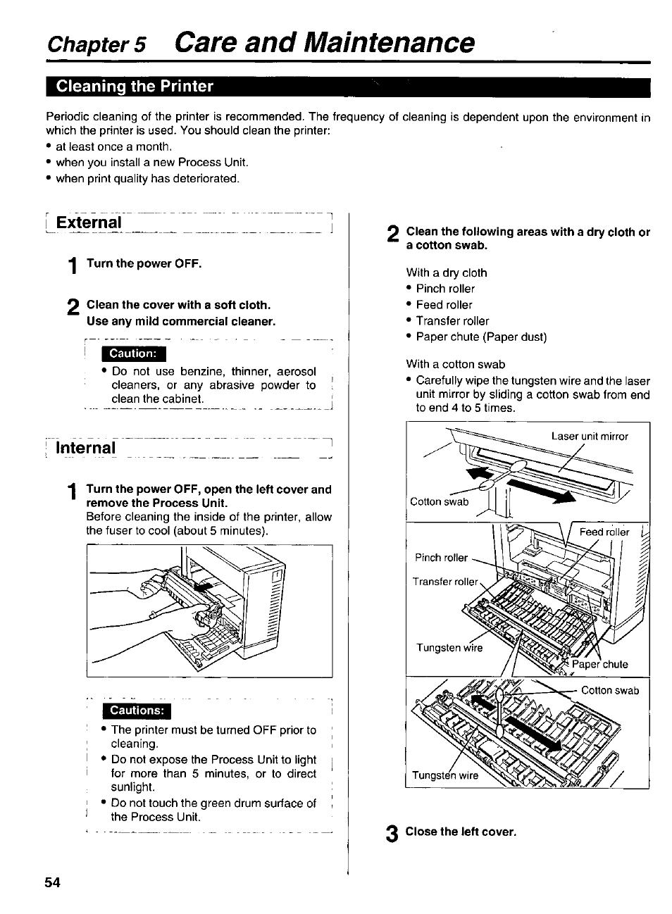 Cleaning the printer, E)^rnal, Turn the power off | Caution, Cautions, 5 care and maintenance, Chapter, Internal | Panasonic KX-P6500 User Manual | Page 54 / 68