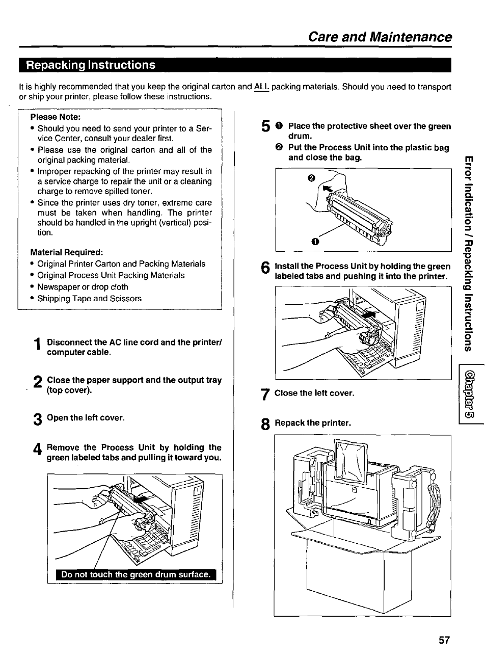 Repacking instructions, Care and maintenance | Panasonic KX-P6500 User Manual | Page 57 / 68