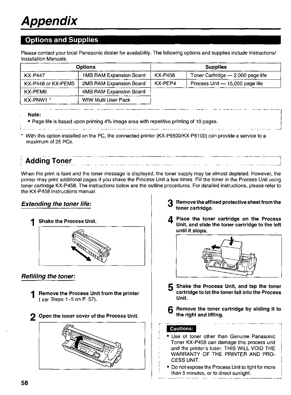 Appendix, Options and supplies, Note | Adding toner, Cautions, Extending the toner iife, Refuting the toner | Panasonic KX-P6500 User Manual | Page 58 / 68