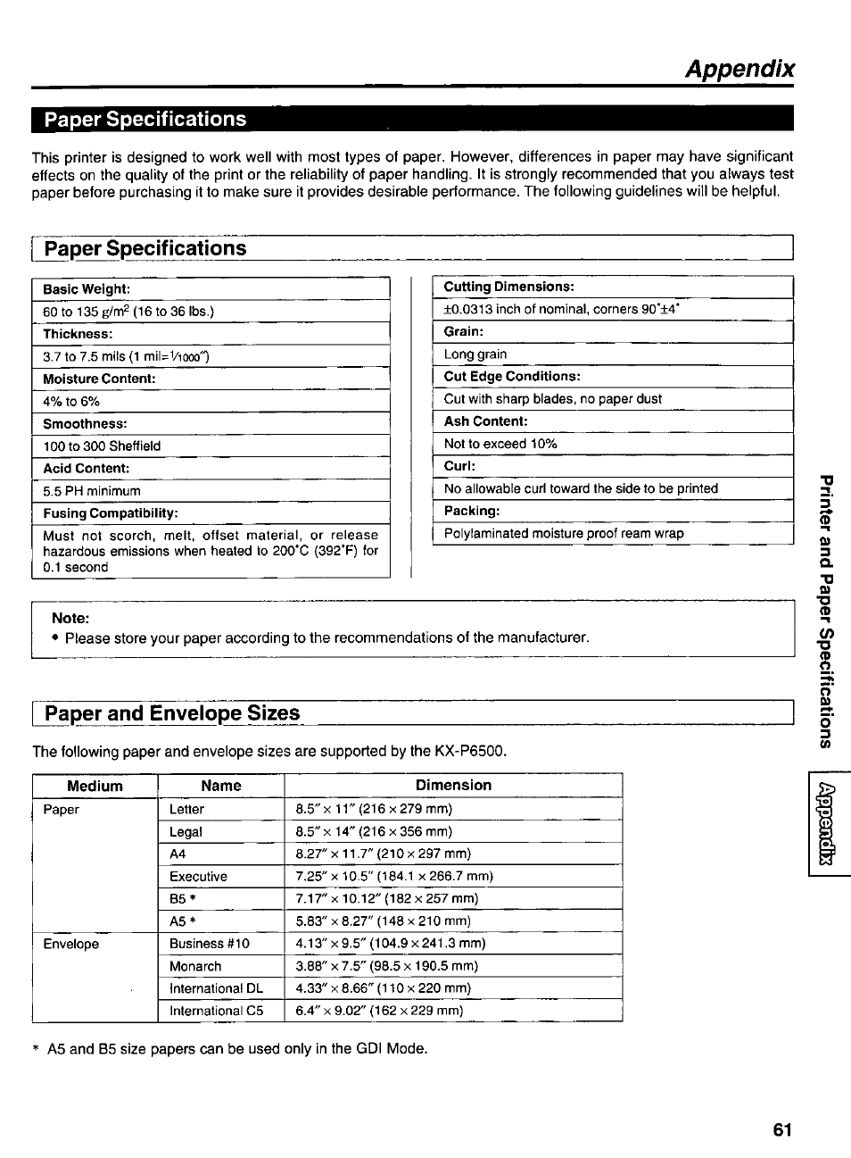 Appendix, Paper specifications, Paper and envelope sizes | Panasonic KX-P6500 User Manual | Page 61 / 68