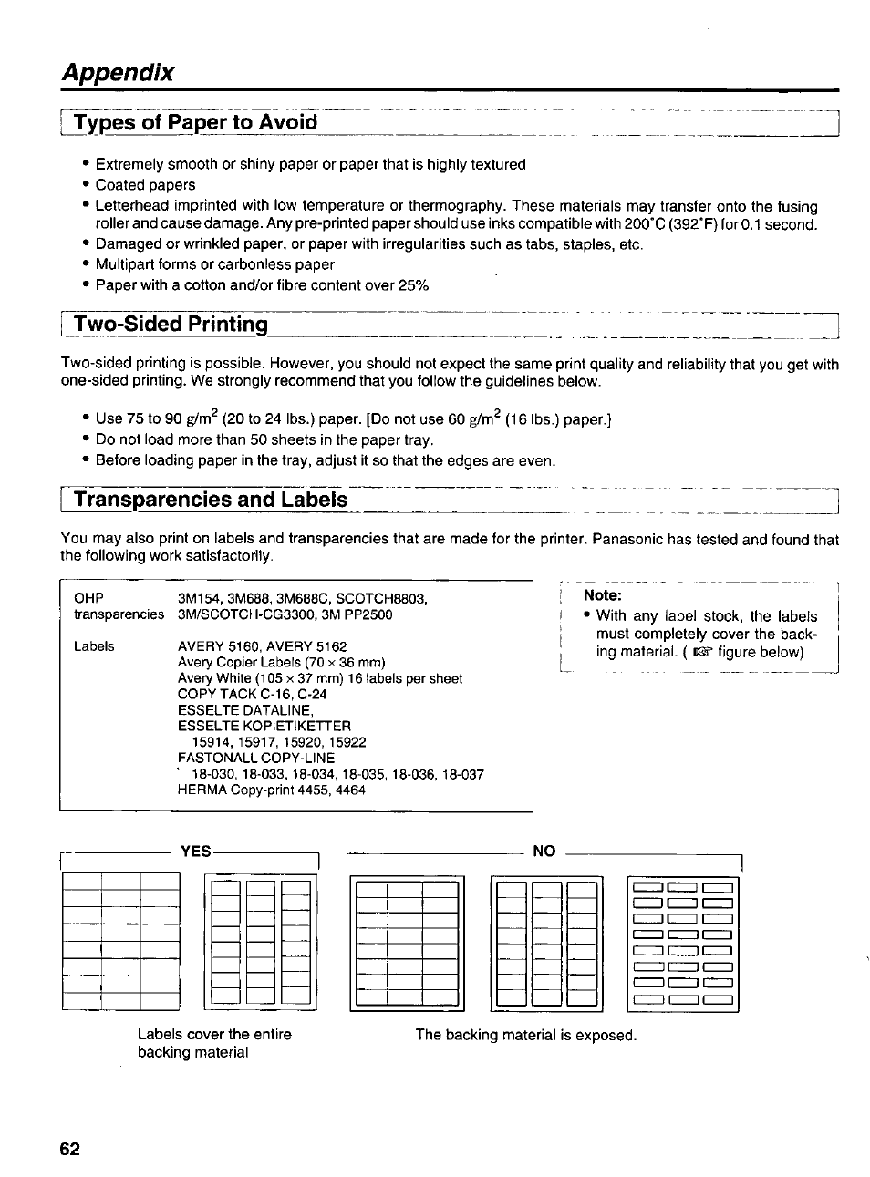 Types of paper to avoid, Two-sided printing, Transparencies and labels | Types of paper to avoid two-sided printing, Appendix | Panasonic KX-P6500 User Manual | Page 62 / 68