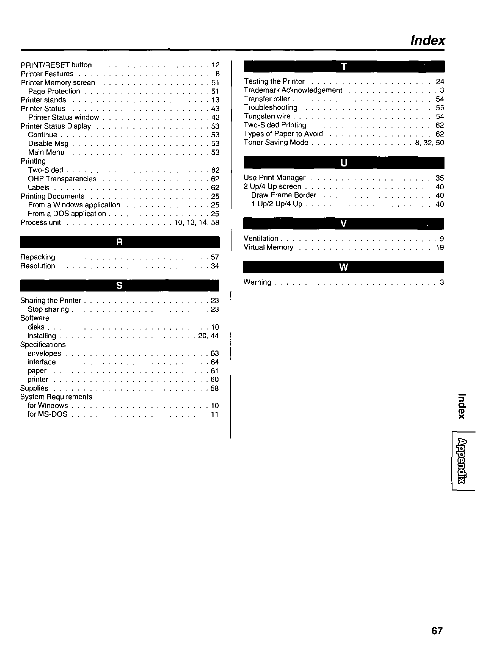 Index | Panasonic KX-P6500 User Manual | Page 67 / 68