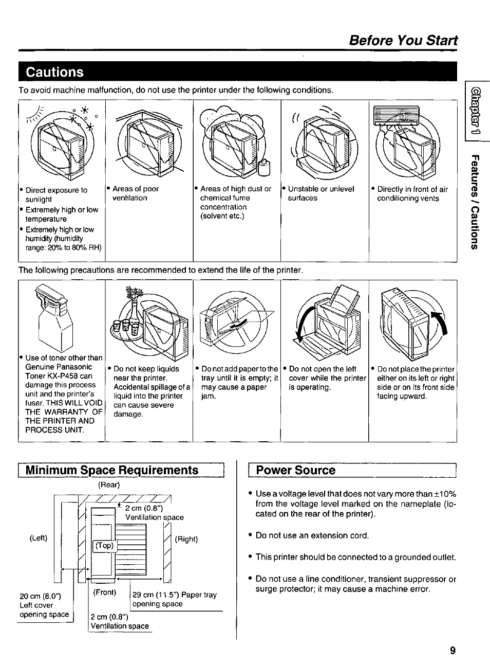 Cautions, Before you start cautions, Minimum space requirements power source | R:/~2::/ ~r:7 | Panasonic KX-P6500 User Manual | Page 9 / 68