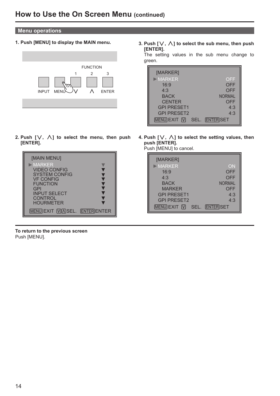 How to use the on screen menu | Panasonic BT-LH80WP User Manual | Page 14 / 38