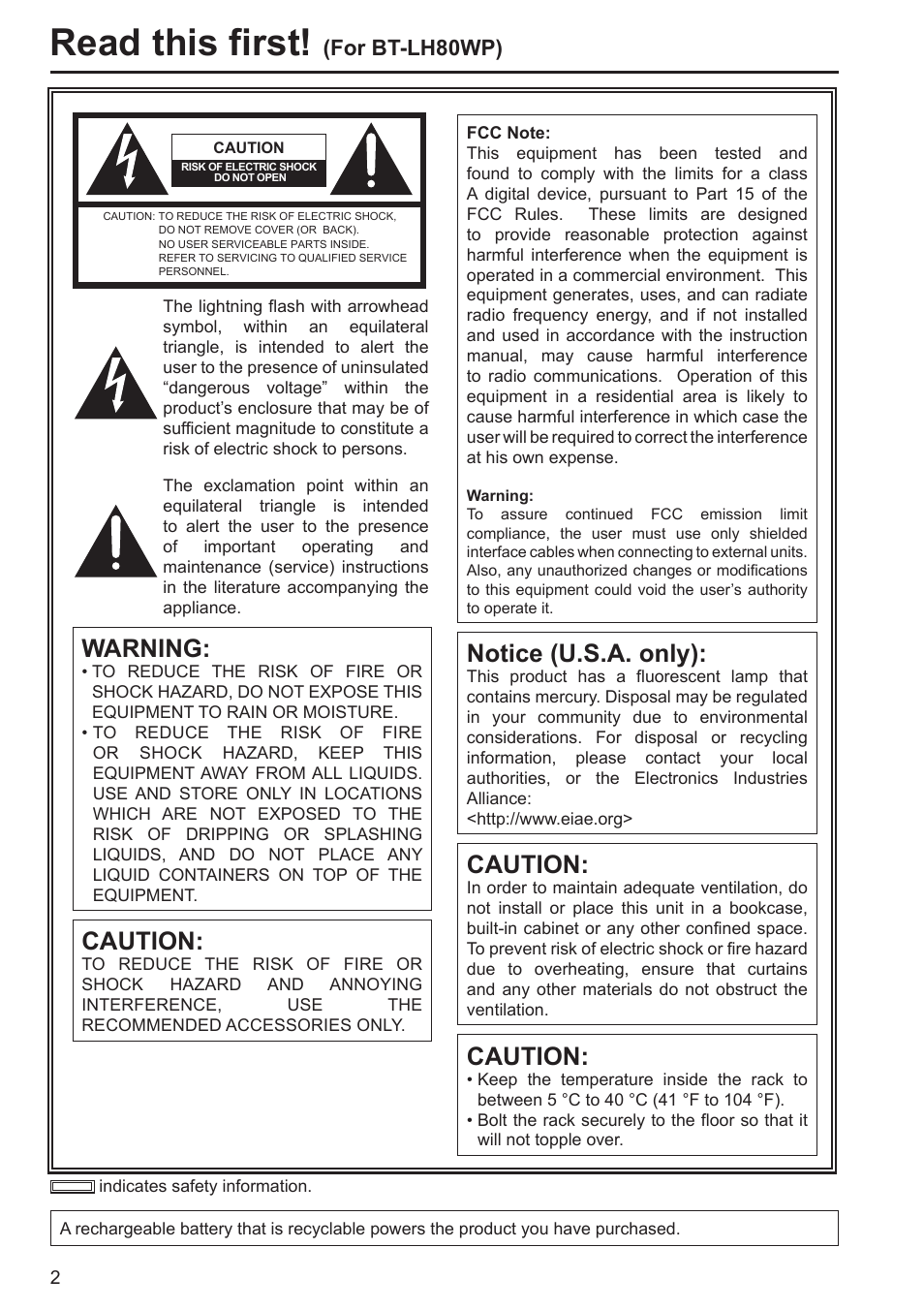 Read this first, Warning, Caution | Notice (u.s.a. only), For bt-lh80wp) | Panasonic BT-LH80WP User Manual | Page 2 / 38