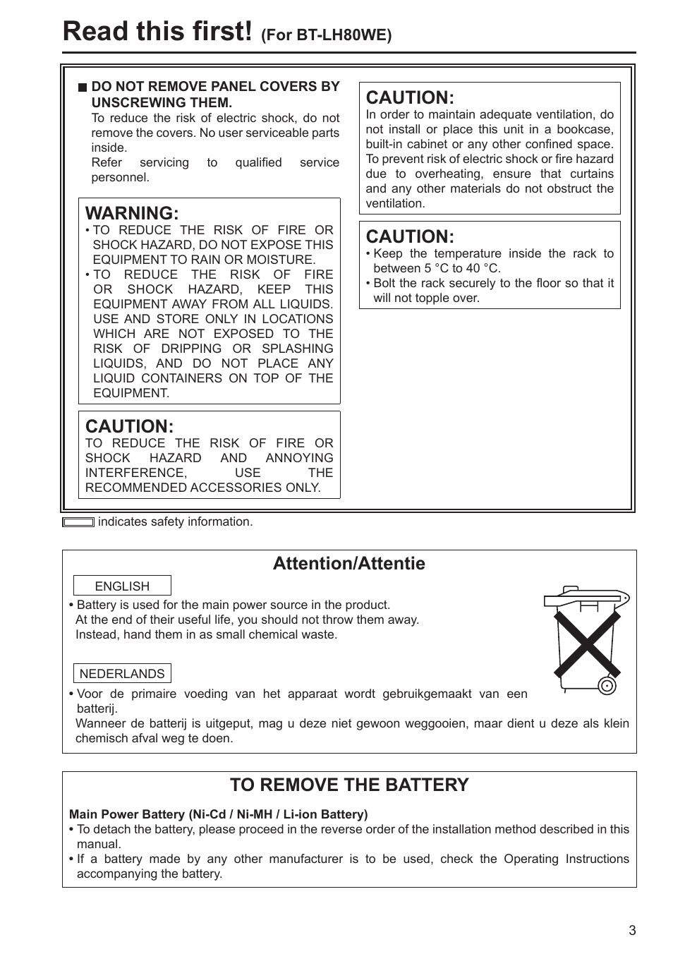 Read this first, Warning, Caution | Attention/attentie | Panasonic BT-LH80WP User Manual | Page 3 / 38