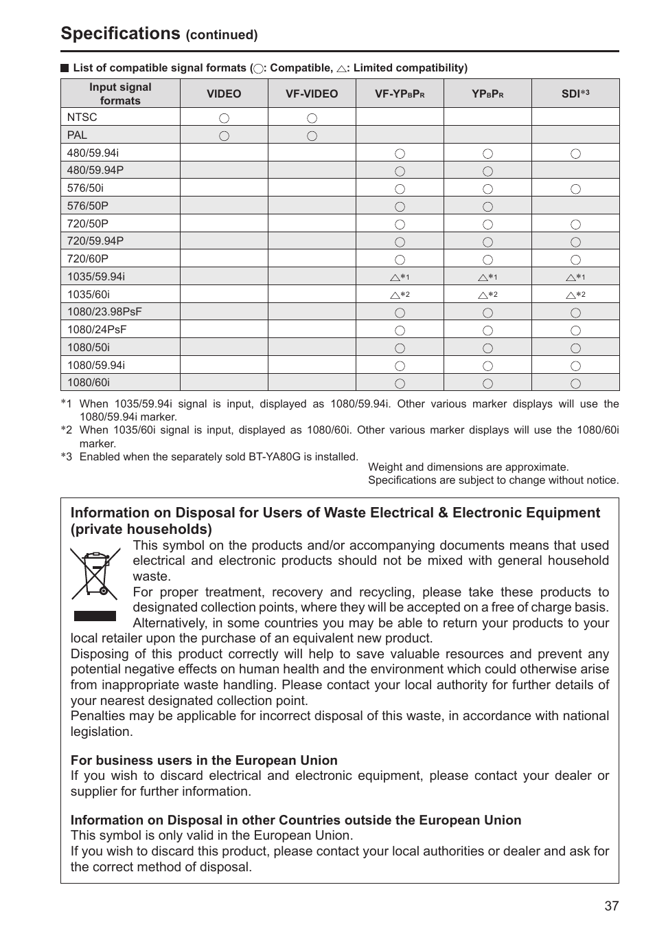 Specifications, Continued) | Panasonic BT-LH80WP User Manual | Page 37 / 38