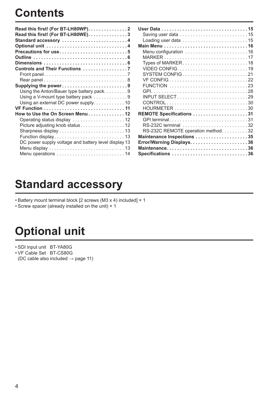 Contents standard accessory, Optional unit | Panasonic BT-LH80WP User Manual | Page 4 / 38