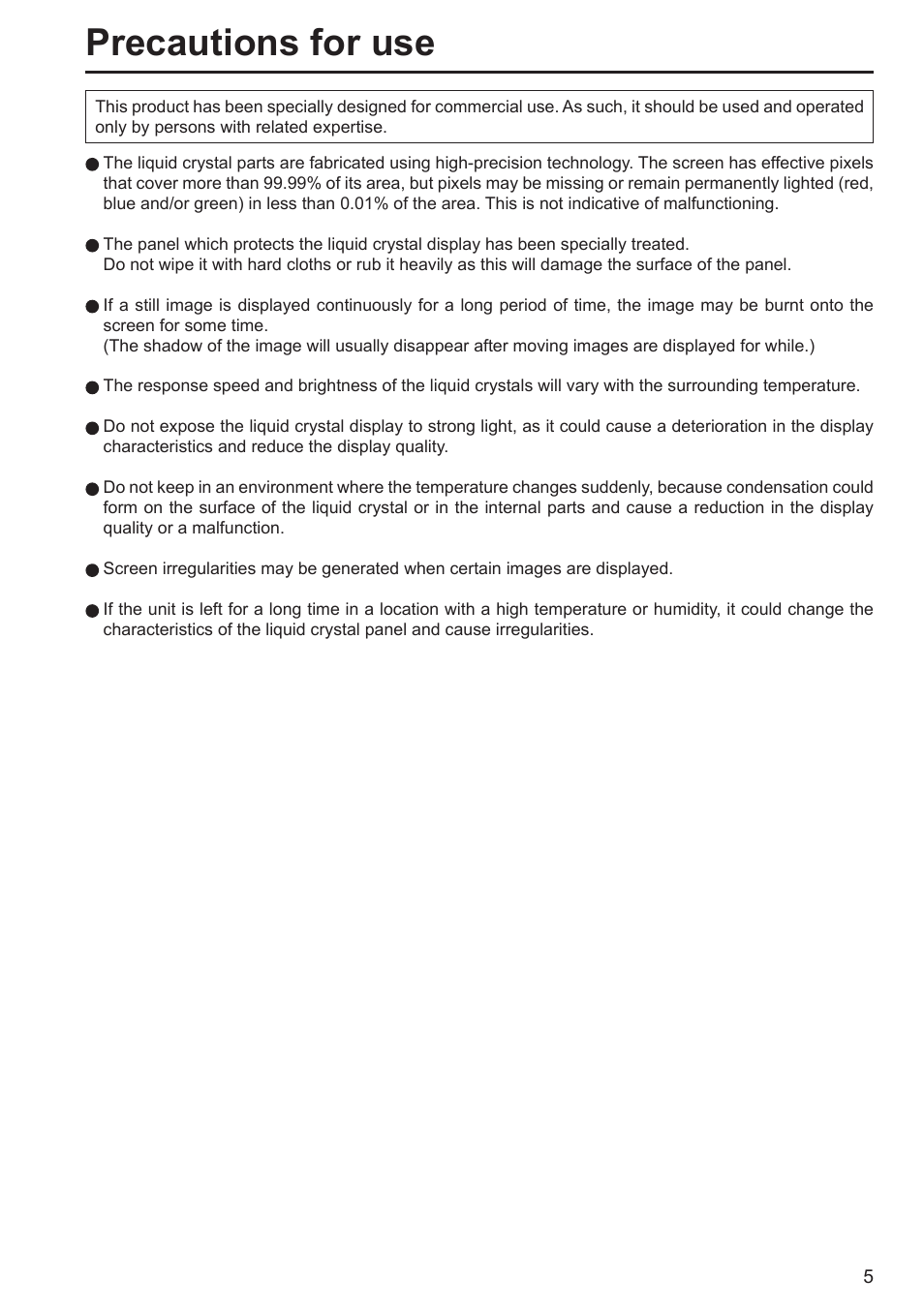 Precautions for use | Panasonic BT-LH80WP User Manual | Page 5 / 38