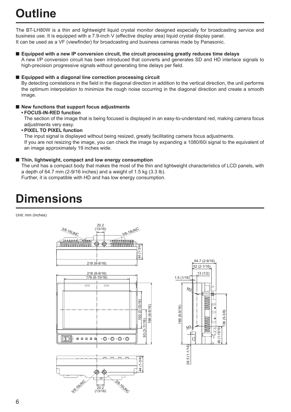 Outline, Dimensions | Panasonic BT-LH80WP User Manual | Page 6 / 38
