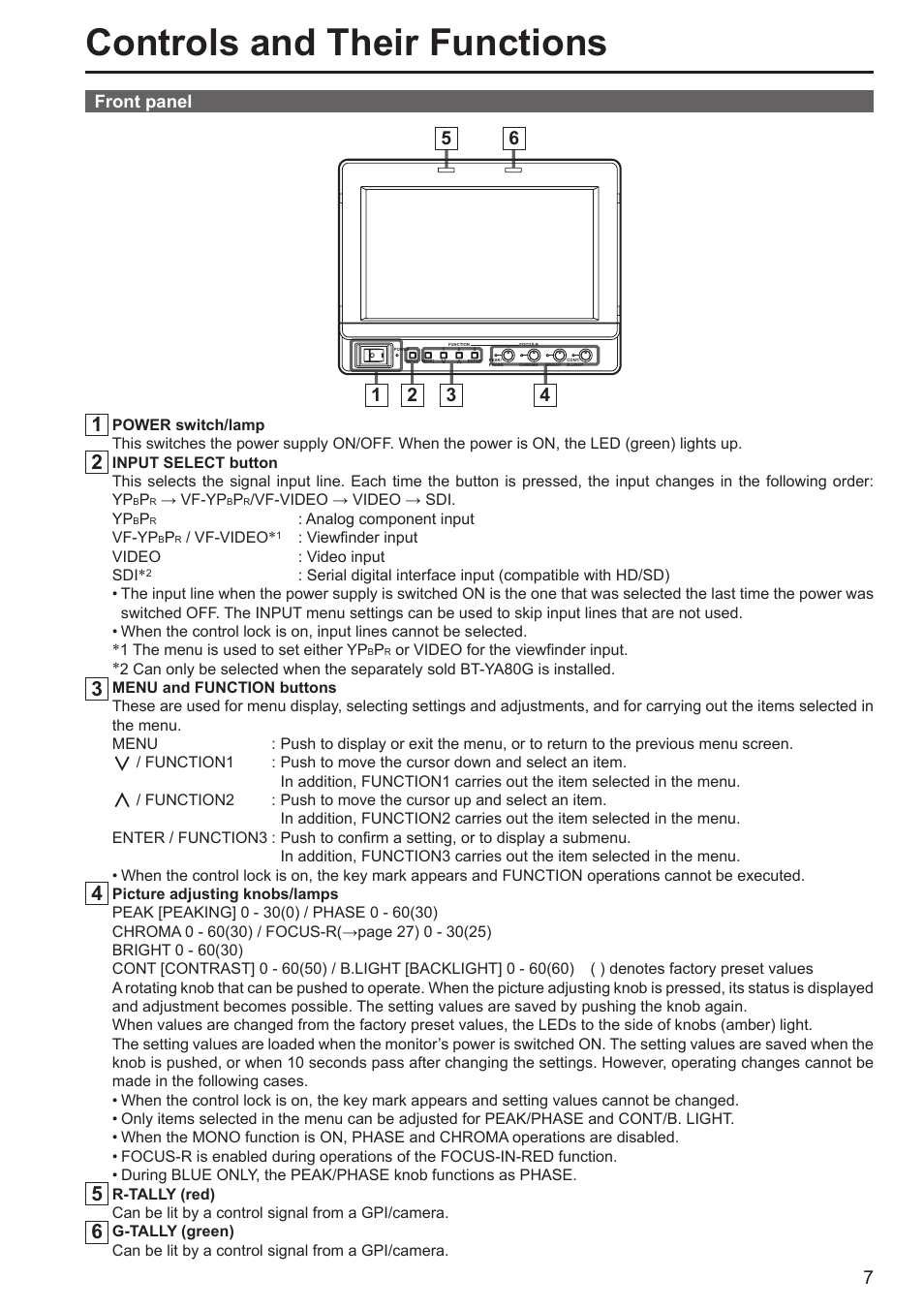 Controls and their functions, Front panel | Panasonic BT-LH80WP User Manual | Page 7 / 38