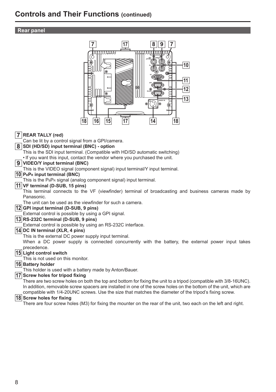 Controls and their functions | Panasonic BT-LH80WP User Manual | Page 8 / 38