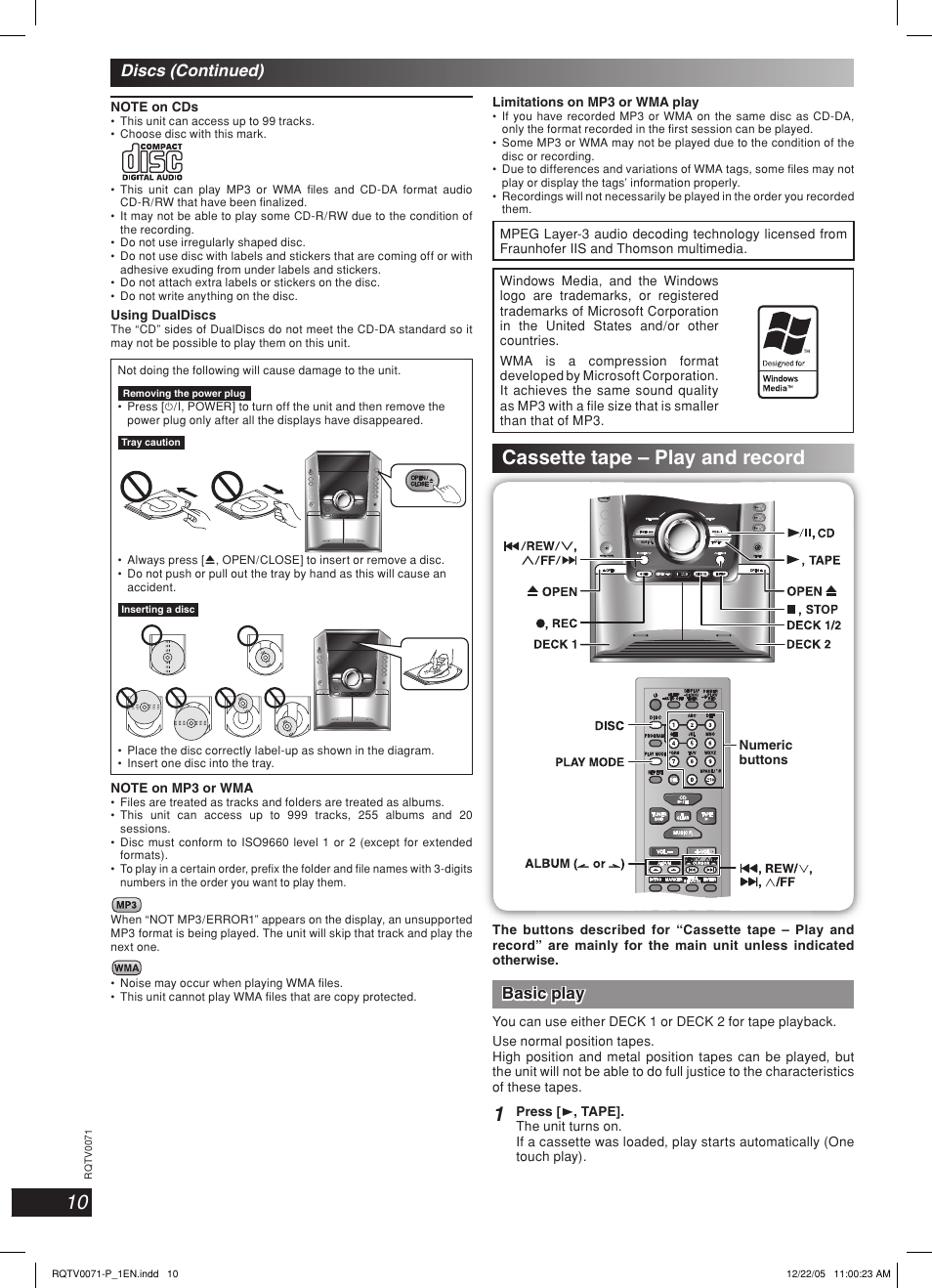 Cassette tape – play and record, Lang - 5 lang - 4 français dansk english, Basic play | Discs (continued) | Panasonic SC-AK640 User Manual | Page 10 / 28