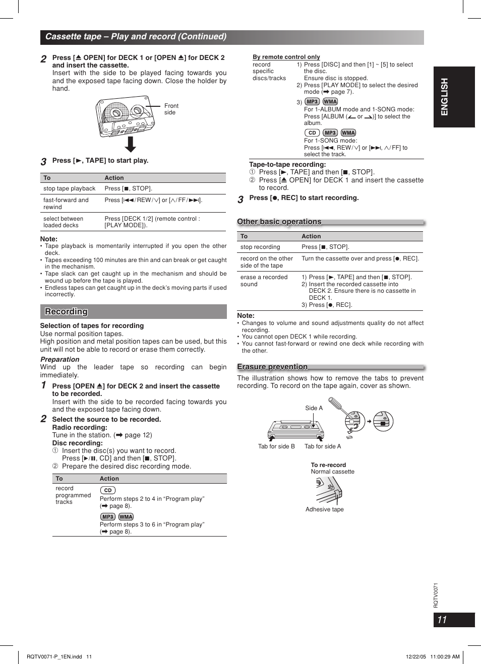 Lang - 5 lang - 4 français dansk english, Recording, Cassette tape – play and record (continued) | Panasonic SC-AK640 User Manual | Page 11 / 28