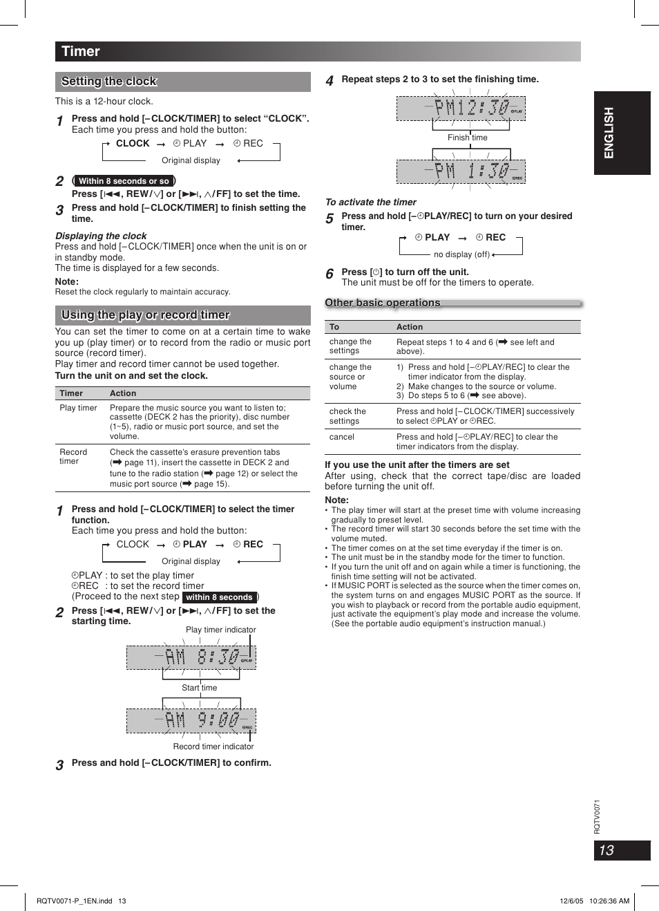 Timer, Lang - 5 lang - 4 français dansk english, Setting the clock | Using the play or record timer | Panasonic SC-AK640 User Manual | Page 13 / 28