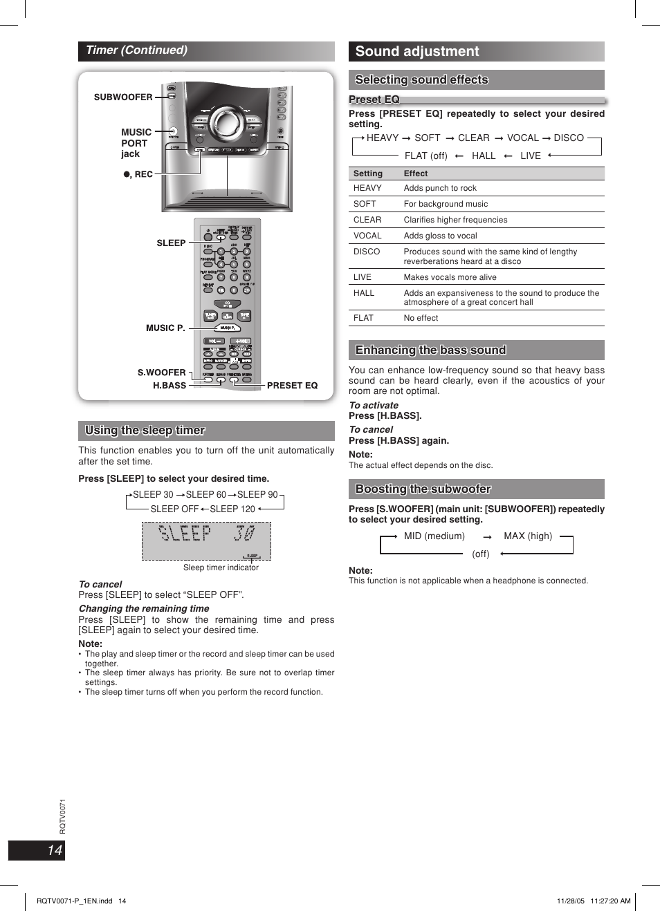 Sound adjustment, Lang - 5 lang - 4 français dansk english, Using the sleep timer | Selecting sound effects, Enhancing the bass sound, Boosting the subwoofer, Timer (continued) | Panasonic SC-AK640 User Manual | Page 14 / 28