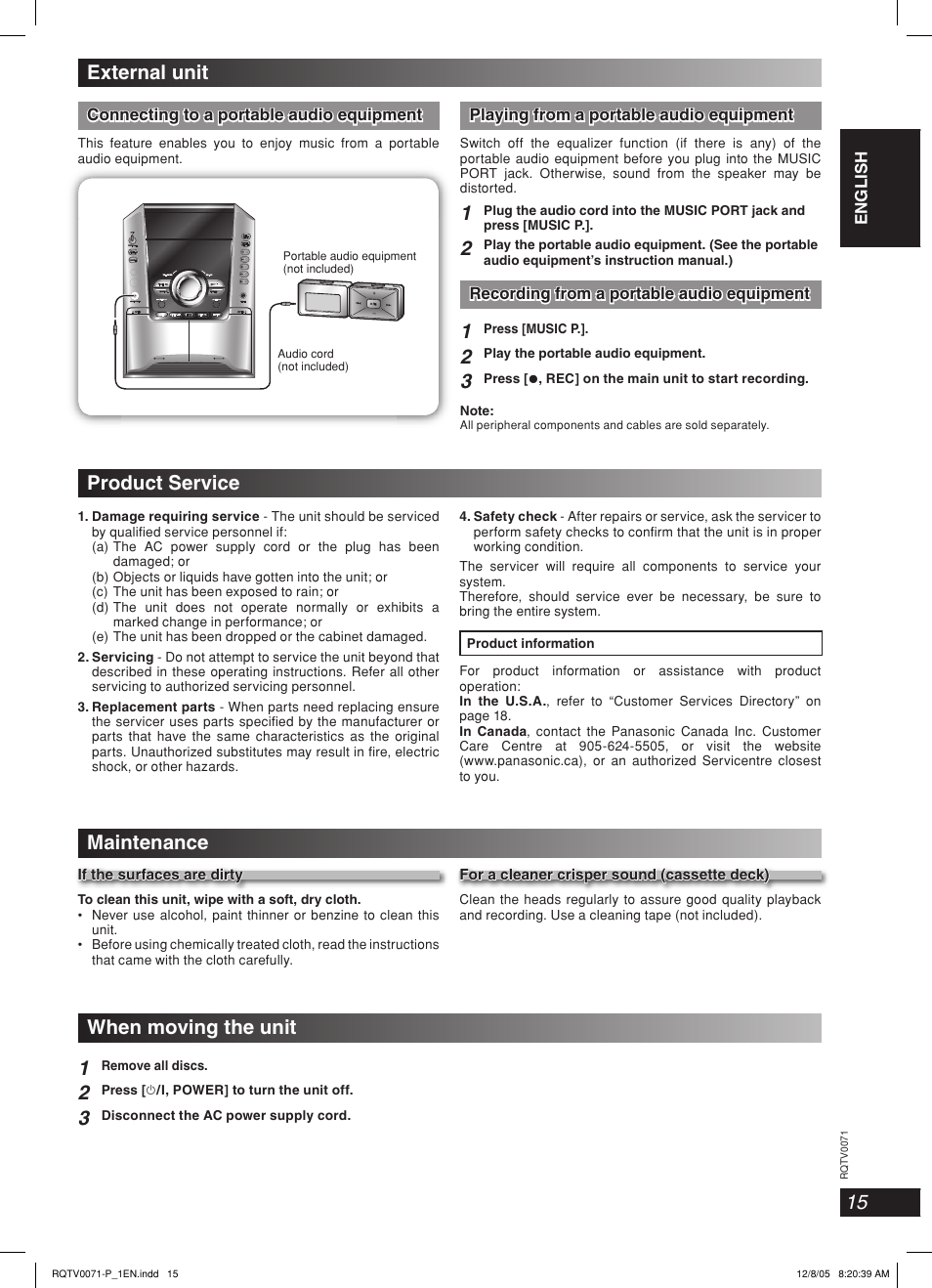 Product service, Maintenance, When moving the unit 1 | External unit | Panasonic SC-AK640 User Manual | Page 15 / 28