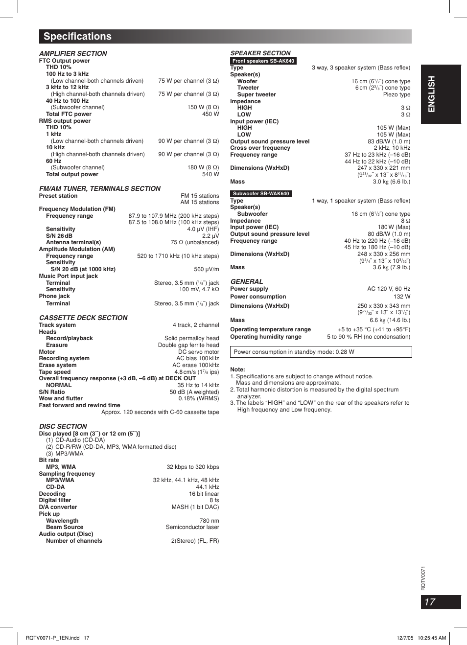 Specifi cations, Lang - 5 lang - 4 français dansk english | Panasonic SC-AK640 User Manual | Page 17 / 28