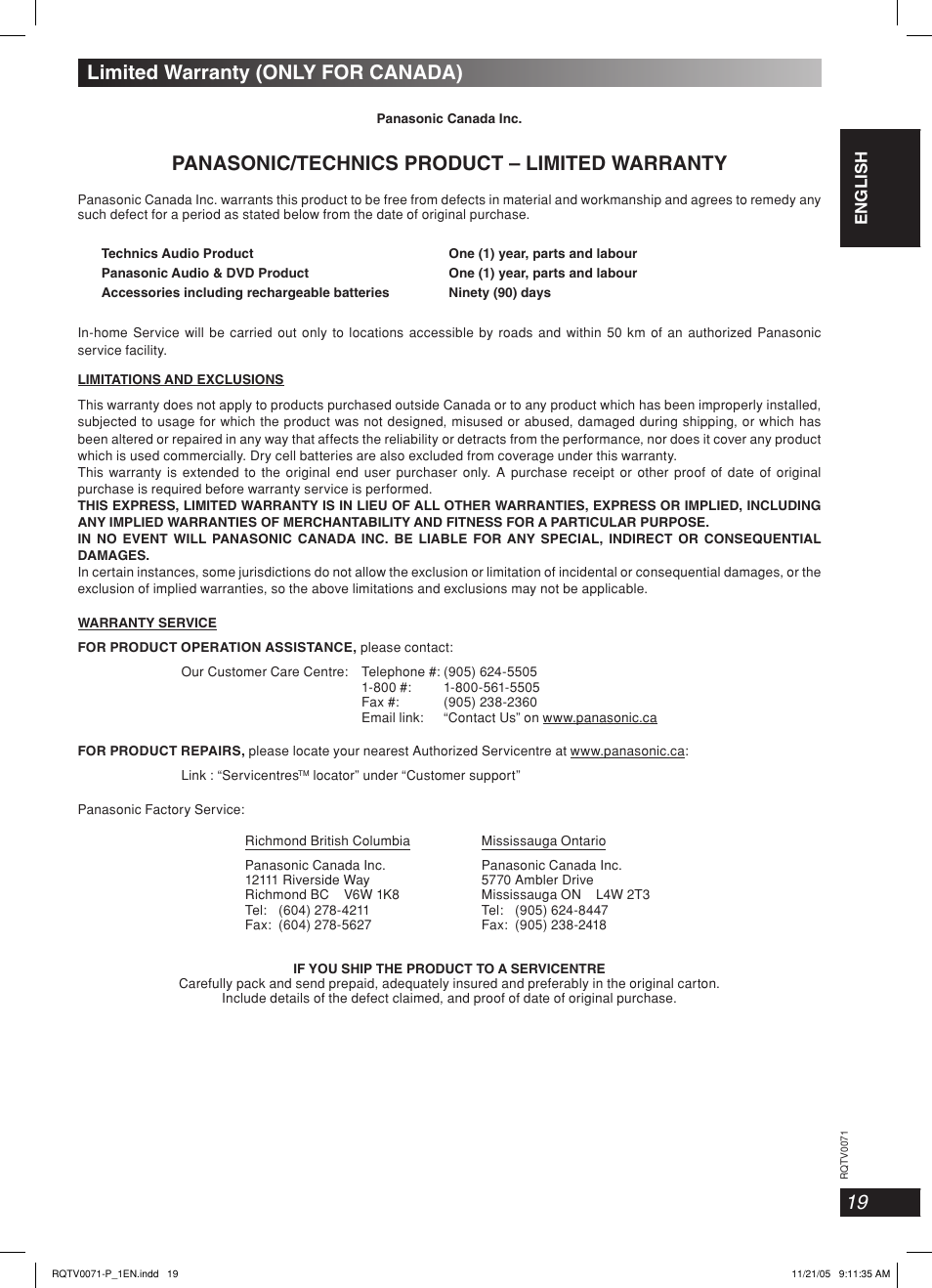 Limited warranty (only for canada), Panasonic/technics product – limited warranty, Lang - 5 lang - 4 français dansk english | Panasonic SC-AK640 User Manual | Page 19 / 28