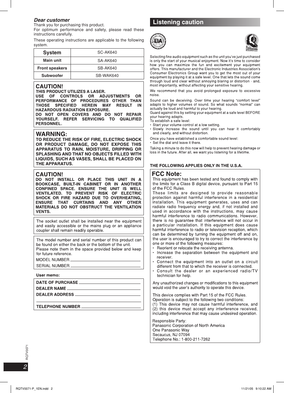 Listening caution, System | Panasonic SC-AK640 User Manual | Page 2 / 28