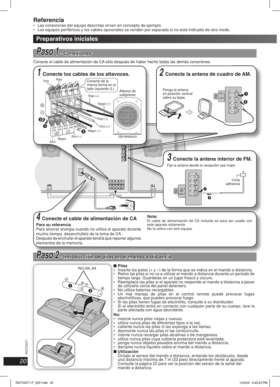 Paso paso 11, Ppaso aso 2 2, Preparativos iniciales | Referencia | Panasonic SC-AK640 User Manual | Page 20 / 28