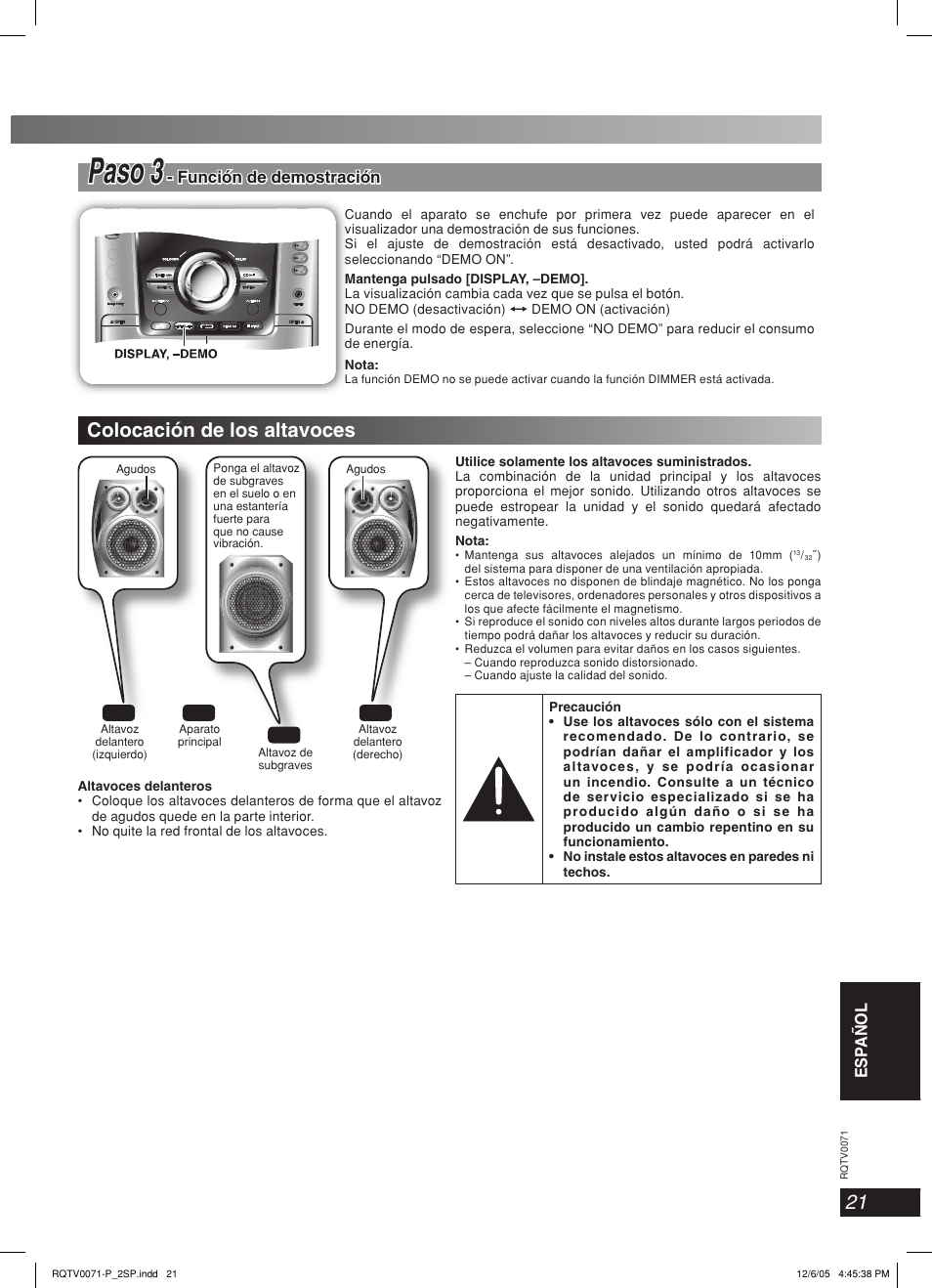 Paso paso 3 3, Colocación de los altavoces | Panasonic SC-AK640 User Manual | Page 21 / 28