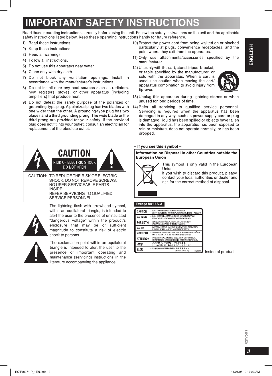 Important safety instructions, Lang - 5 lang - 4 français dansk english | Panasonic SC-AK640 User Manual | Page 3 / 28