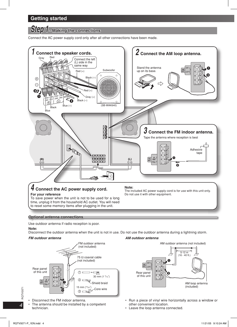 Getting started, Step 1, Lang - 5 lang - 4 français dansk english | Connect the ac power supply cord, Making the connections, Connect the am loop antenna, Connect the fm indoor antenna, Connect the speaker cords | Panasonic SC-AK640 User Manual | Page 4 / 28