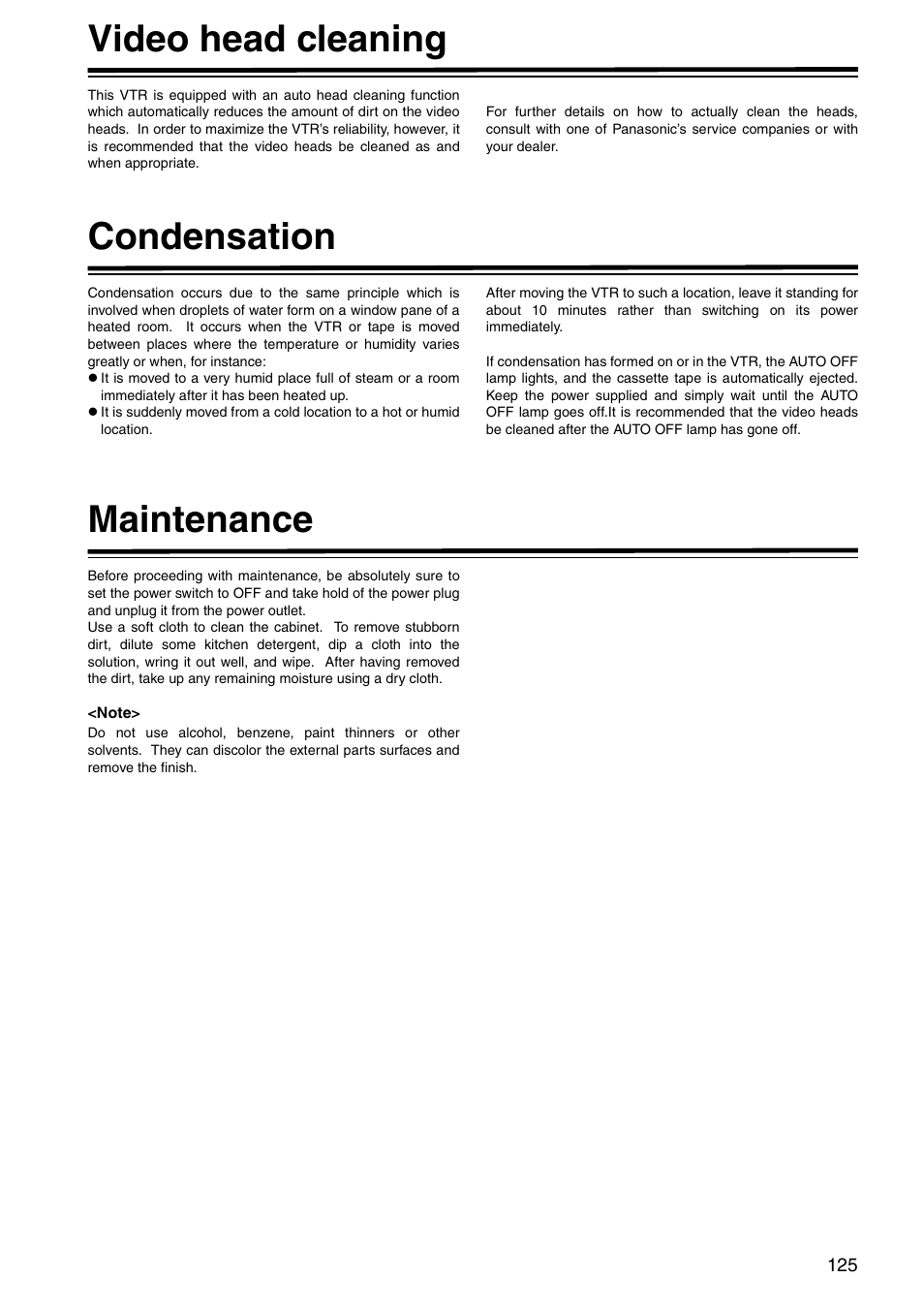Video head cleaning, Condensation, Maintenance | Panasonic AJ-HD1800P User Manual | Page 125 / 142