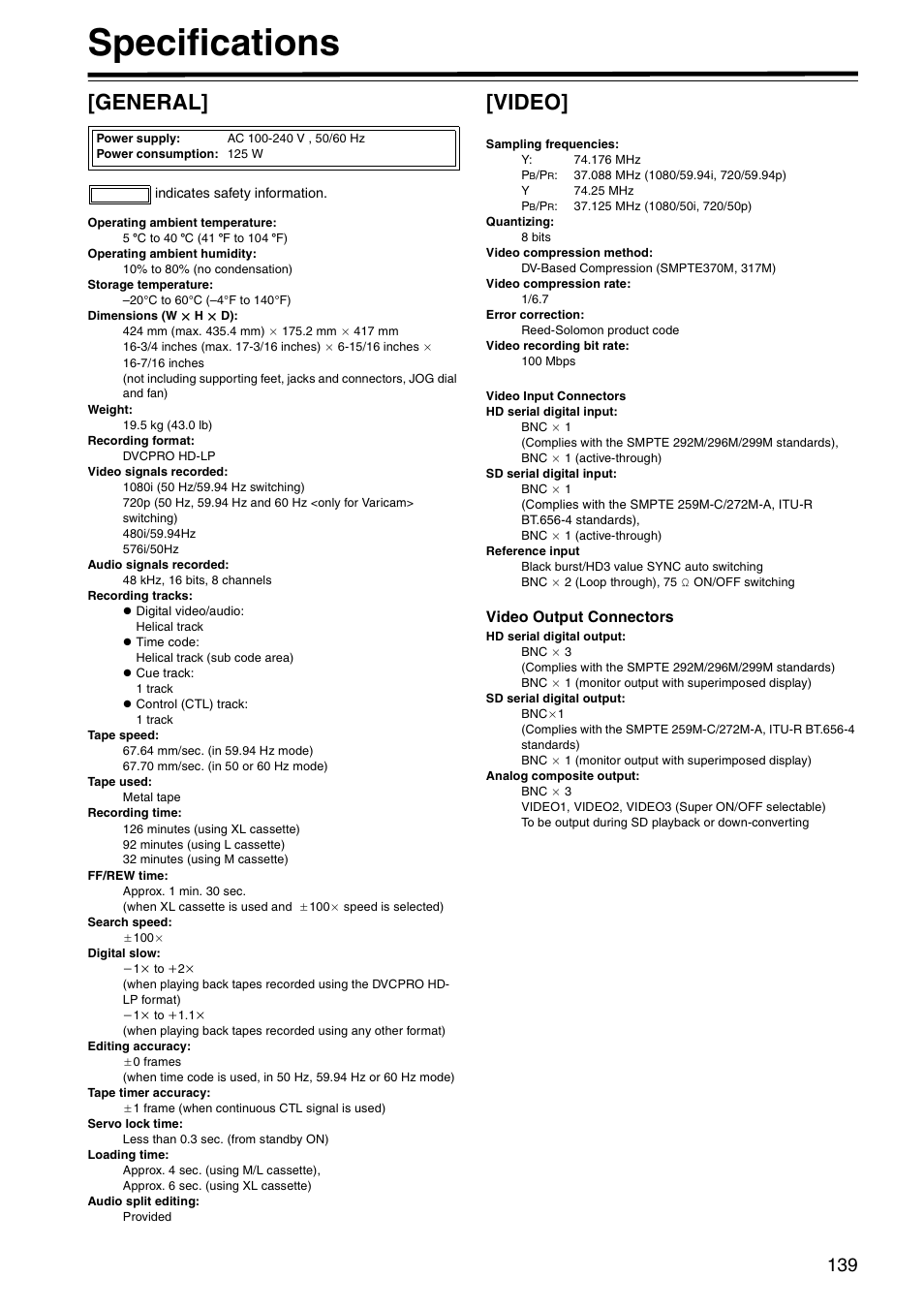 Specifications, General, Video | Panasonic AJ-HD1800P User Manual | Page 139 / 142